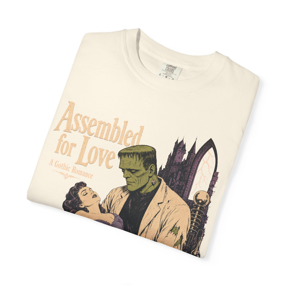 Assembled for Love Frankenstein Romance Novel T-shirt in Ivory, folded view