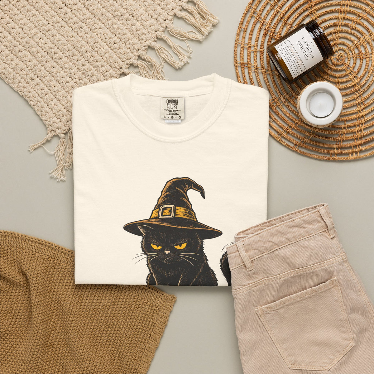 Halloween Cat T-shirt in Ivory, flat lay view