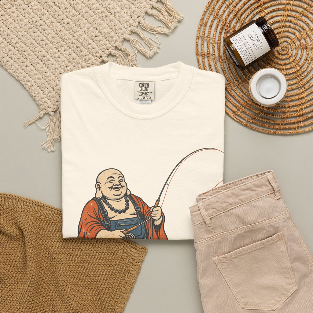 Buddha Fly Fishing T-shirt in Ivory, flat lay view