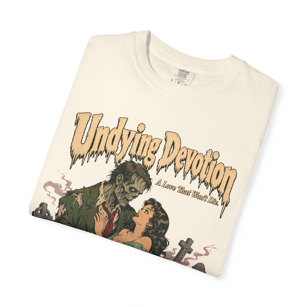 Undying Devotion Zombie Romance Novel T-shirt in Ivory, folded view