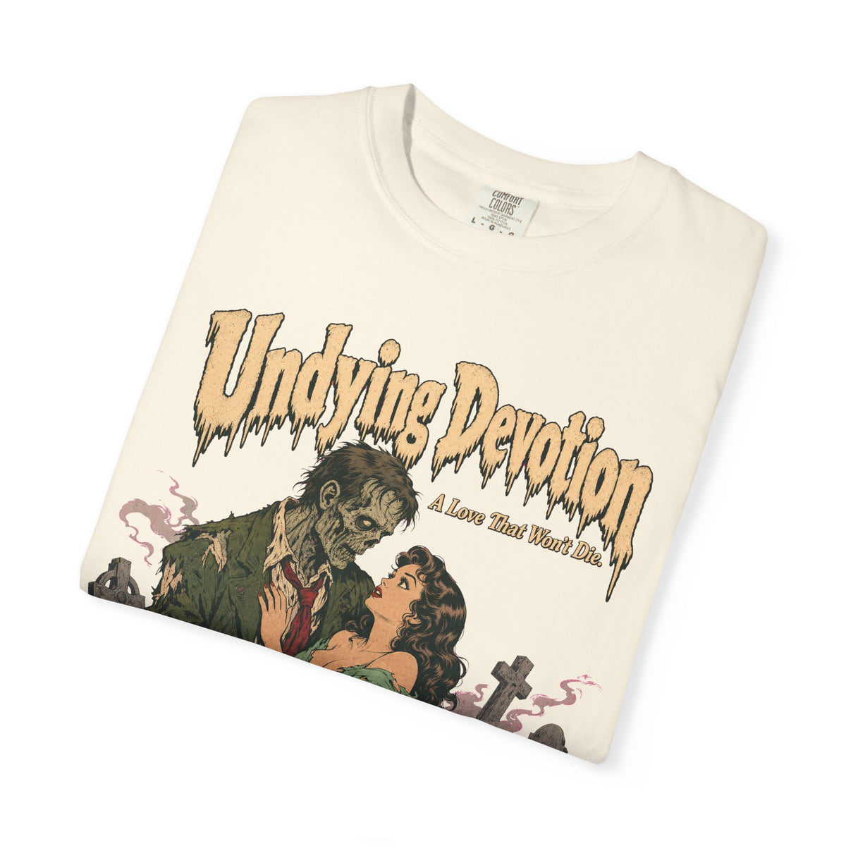 Undying Devotion Zombie Romance Novel T-shirt in Ivory, folded view