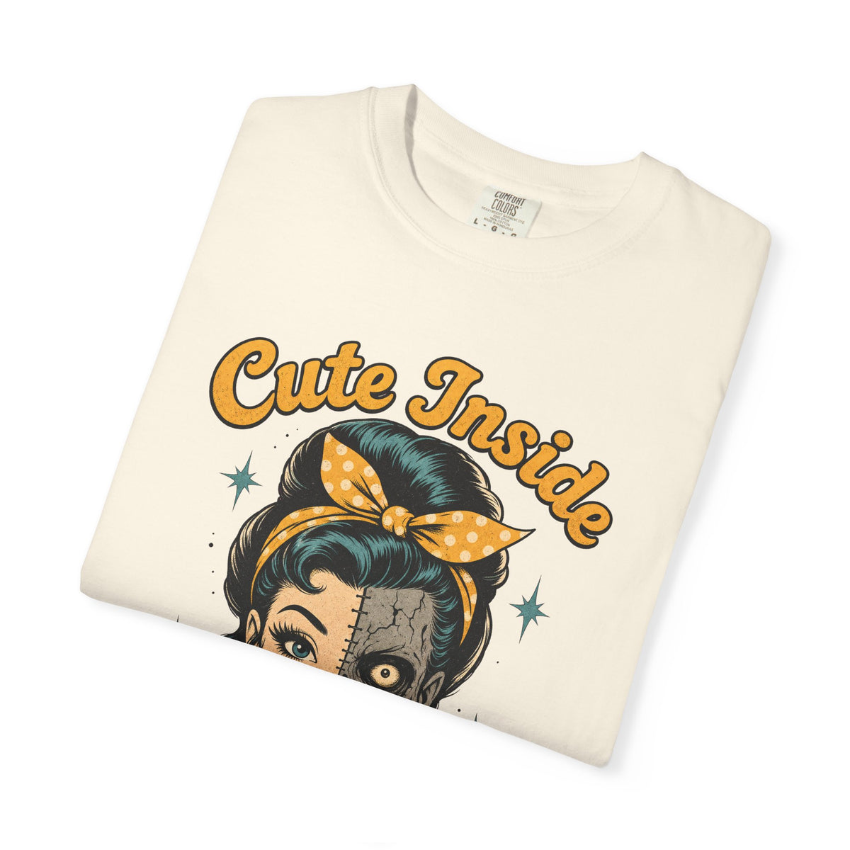 Cute Inside Dead Outside Zombie T-shirt in Ivory, folded view
