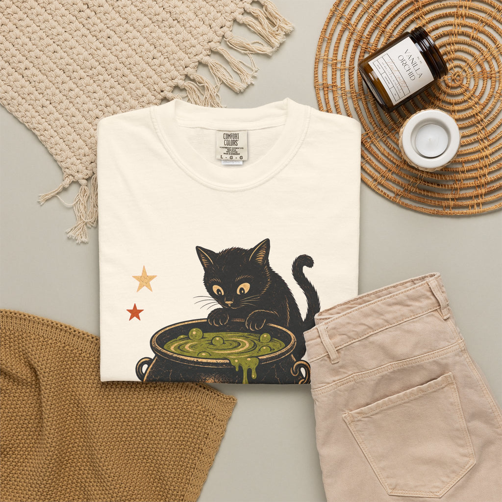 Season of the Witch Black Cat T-shirt in Ivory, flat lay view