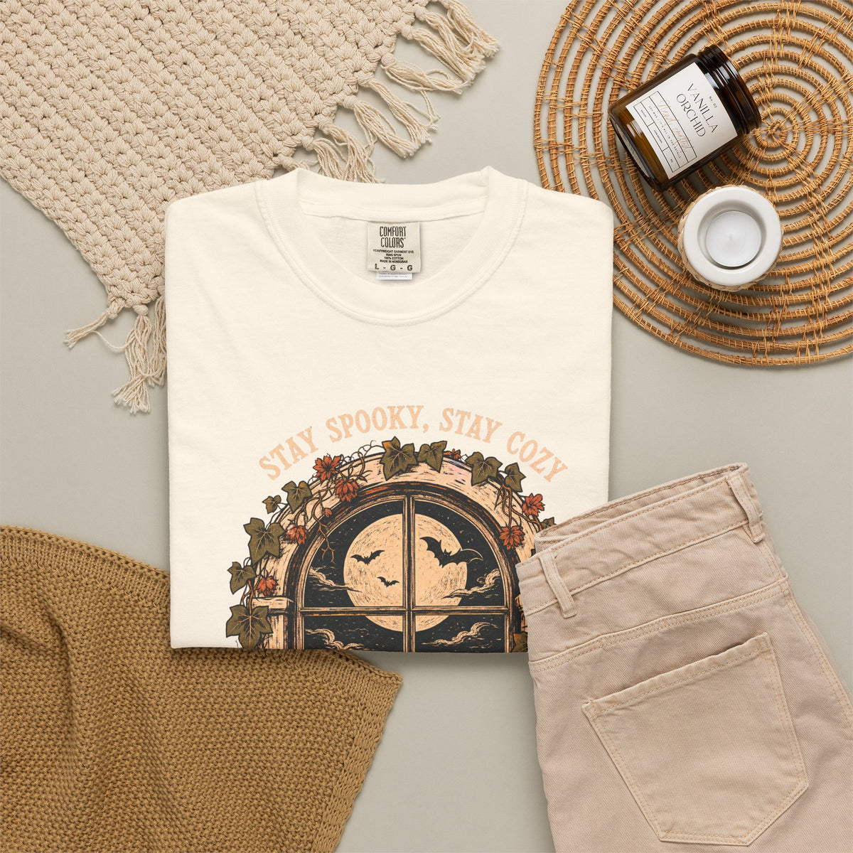 Black Cat in Window T-shirt in Ivory, flat lay view