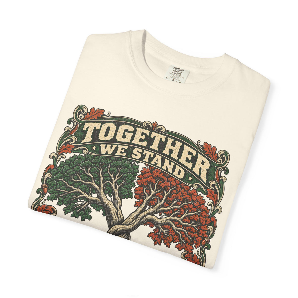 Together We Stand Divided We Fall Tree T-shirt in Ivory, folded view