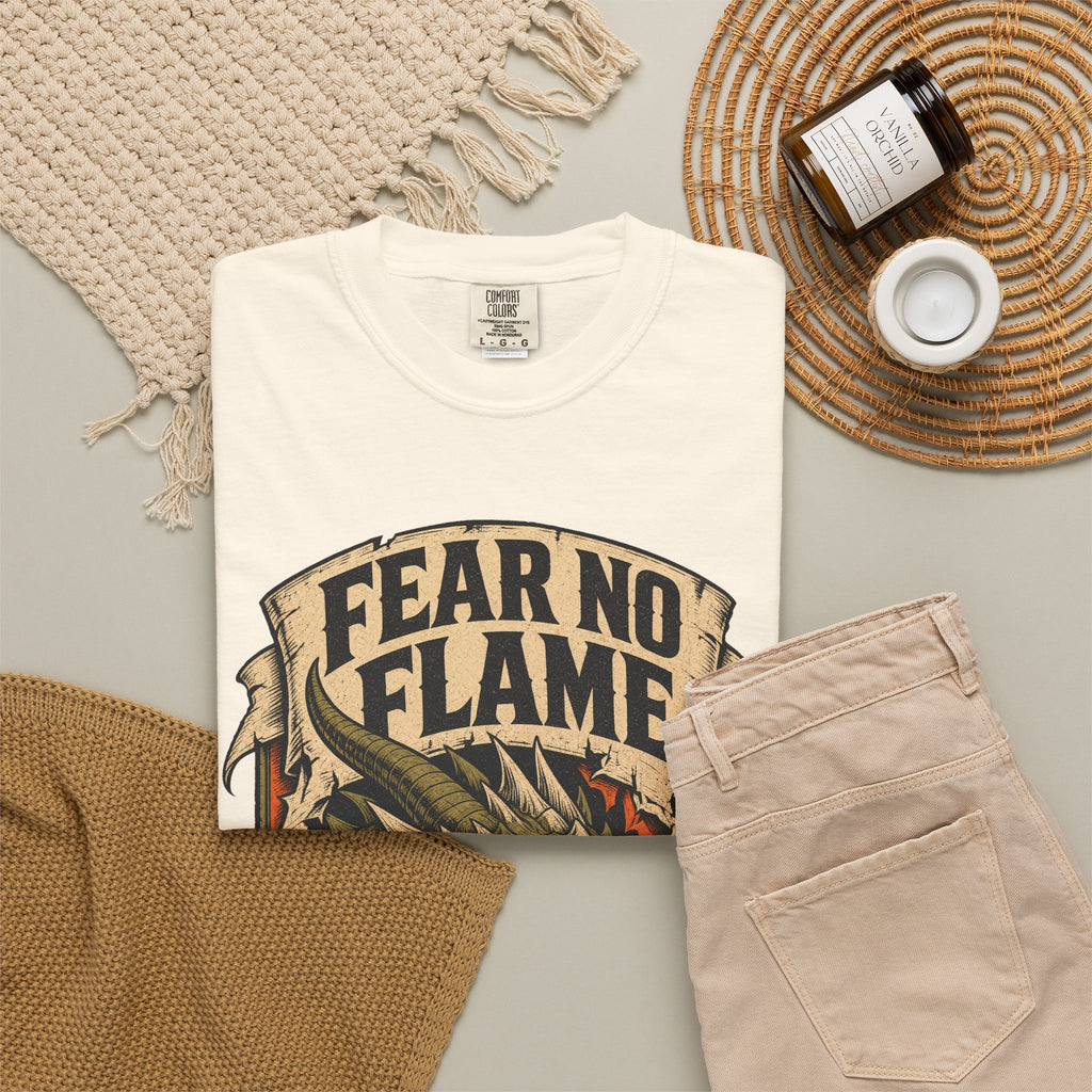 Fear No Flame Dragon T-shirt in Ivory, flat lay view