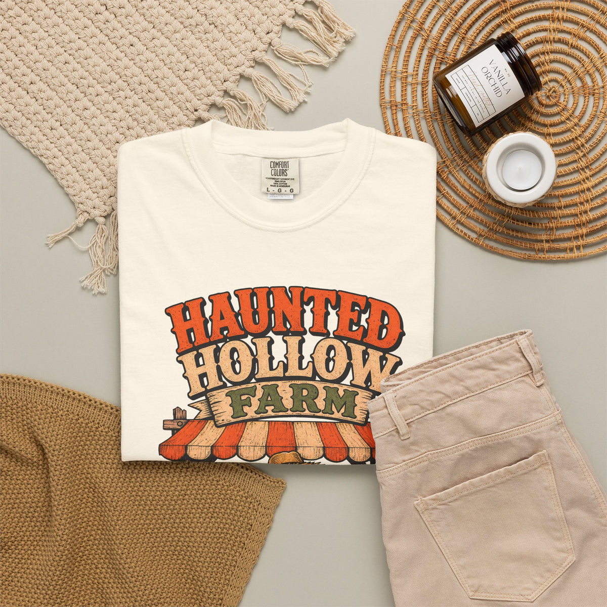 Skeleton Pumpkin Farmstand T-shirt in Ivory, flat lay view
