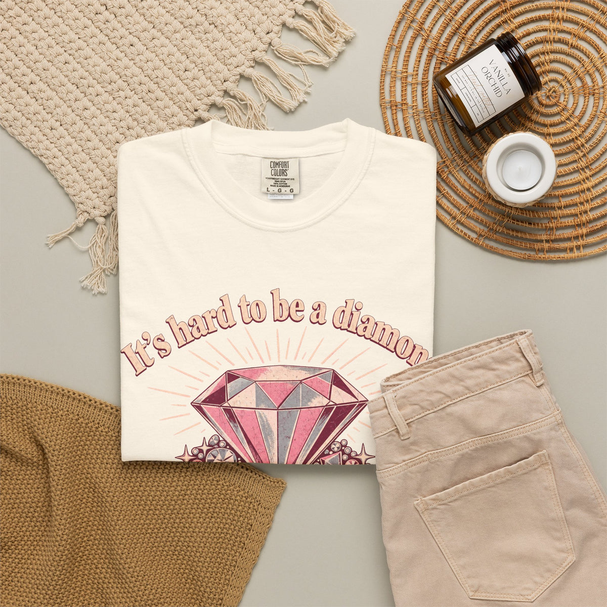 It's Hard to Be a Diamond in a Rhinestone World T-shirt in Ivory, flat lay view