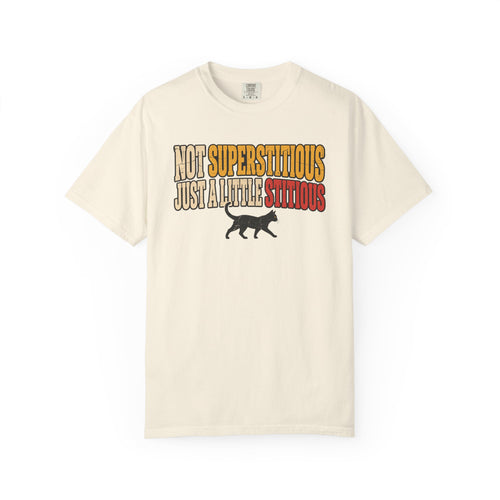 Not Superstitious Just A Little Stitious T-shirt in Ivory, front view