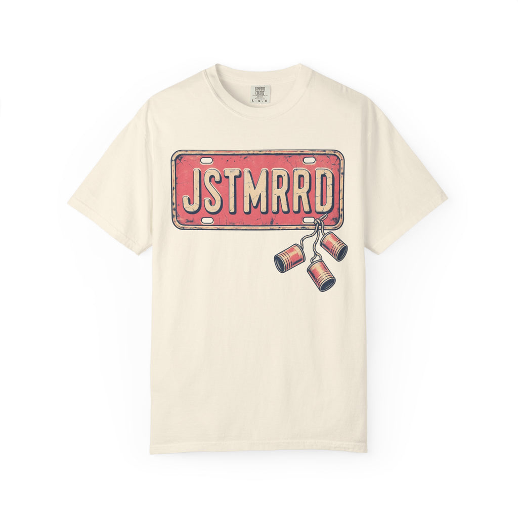 Just Married License Plate T-shirt in Ivory, front view