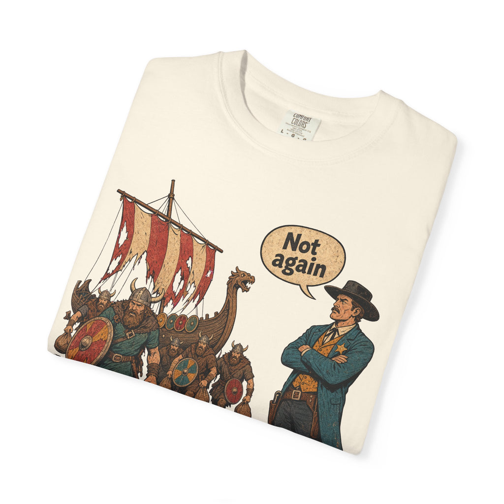 Not Again Viking Longship Landing T-shirt in Ivory, folded view
