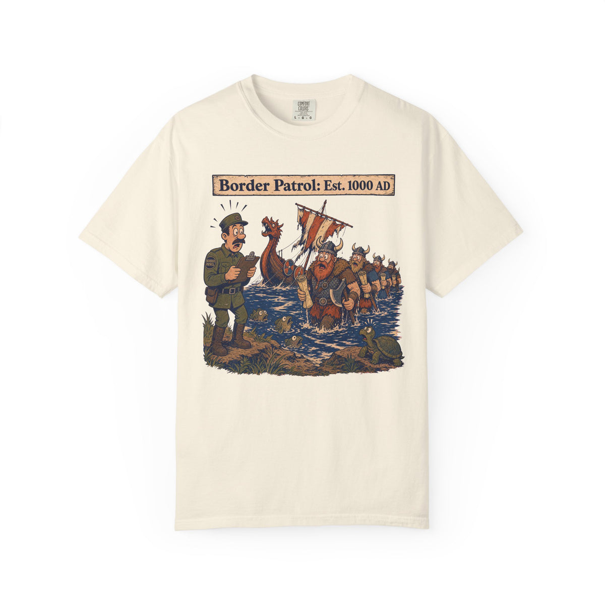 Border Patrol Est 1000 AD T-shirt in Ivory, front view