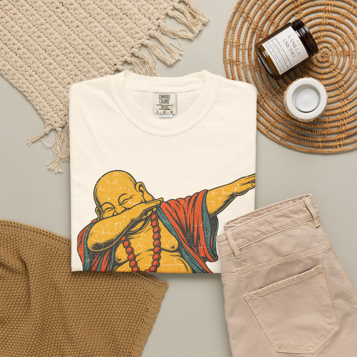 Dabbing Buddha T-shirt in Ivory, flat lay view