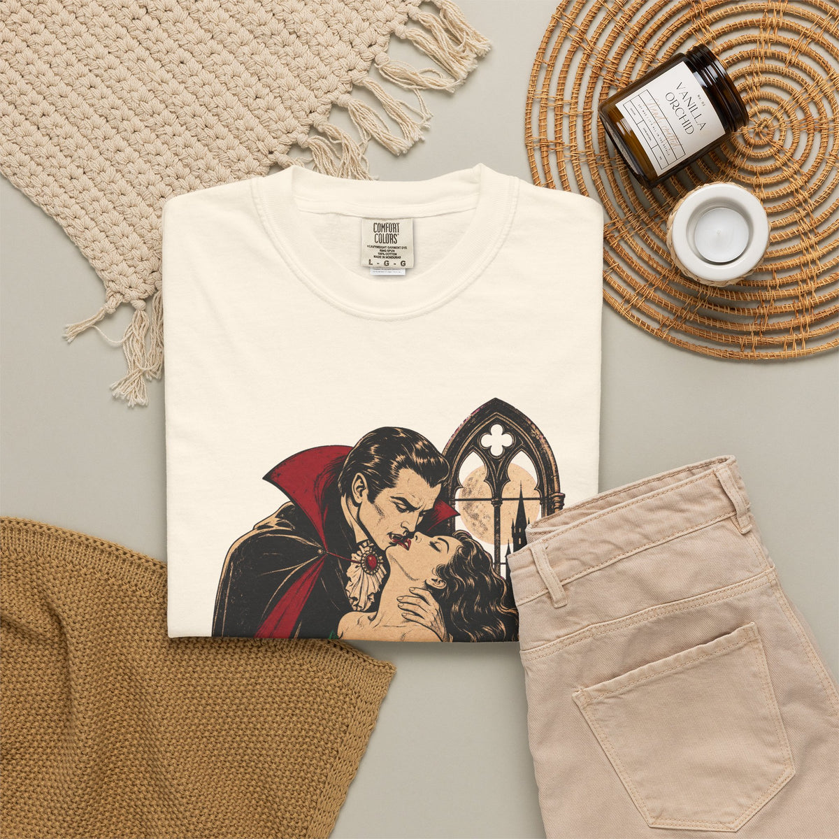 Bitten by Fate Vampire Romance Novel T-shirt in Ivory, flat lay view