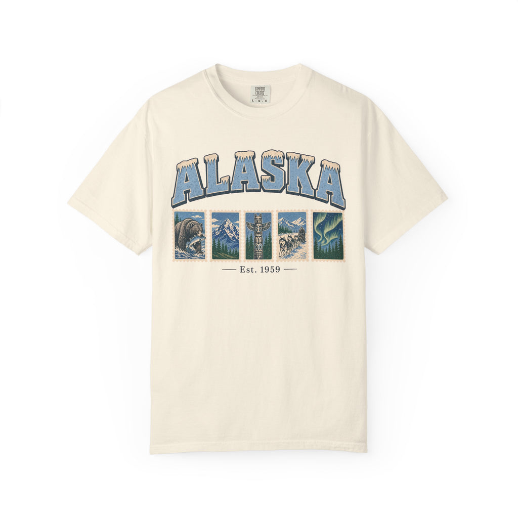 Alaska Postage Stamp T-shirt in Ivory, front view