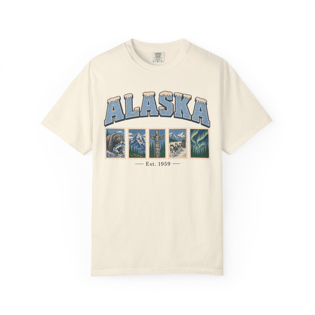 Alaska Postage Stamp T-shirt in Ivory, front view