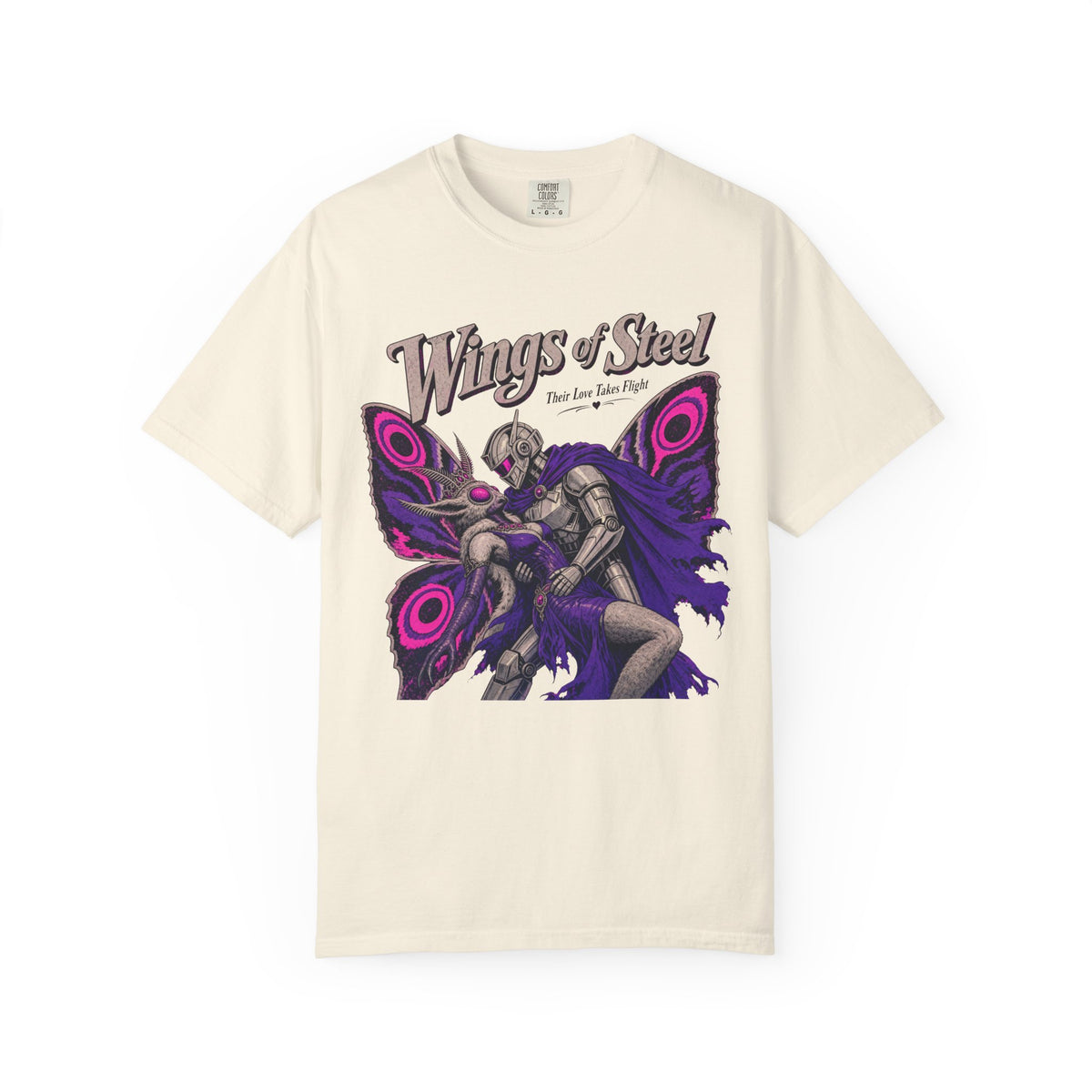Wings of Steel Romance Novel Parody T-shirt in Ivory, front view