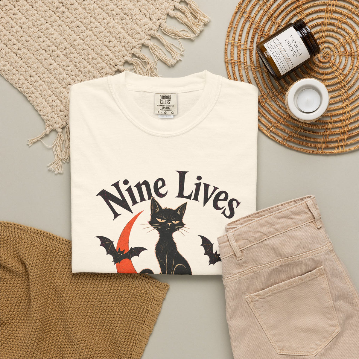 Nine Lives Zero Patience T-shirt in Ivory, flat lay view