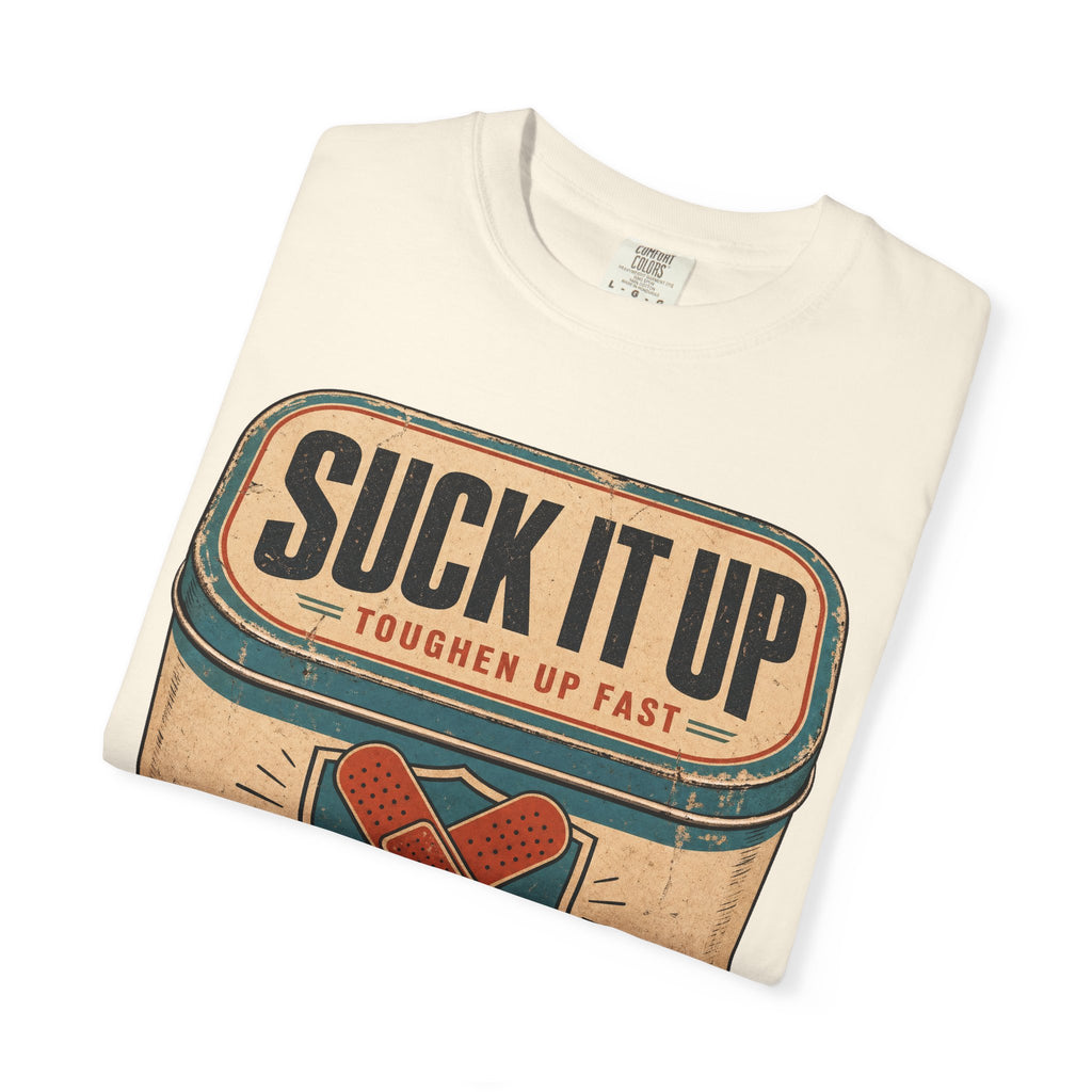Suck It Up Bandage Tin T-shirt in Ivory, folded view
