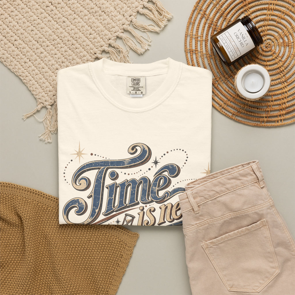 Time Is Never Time At All T-shirt in Ivory, flat lay view