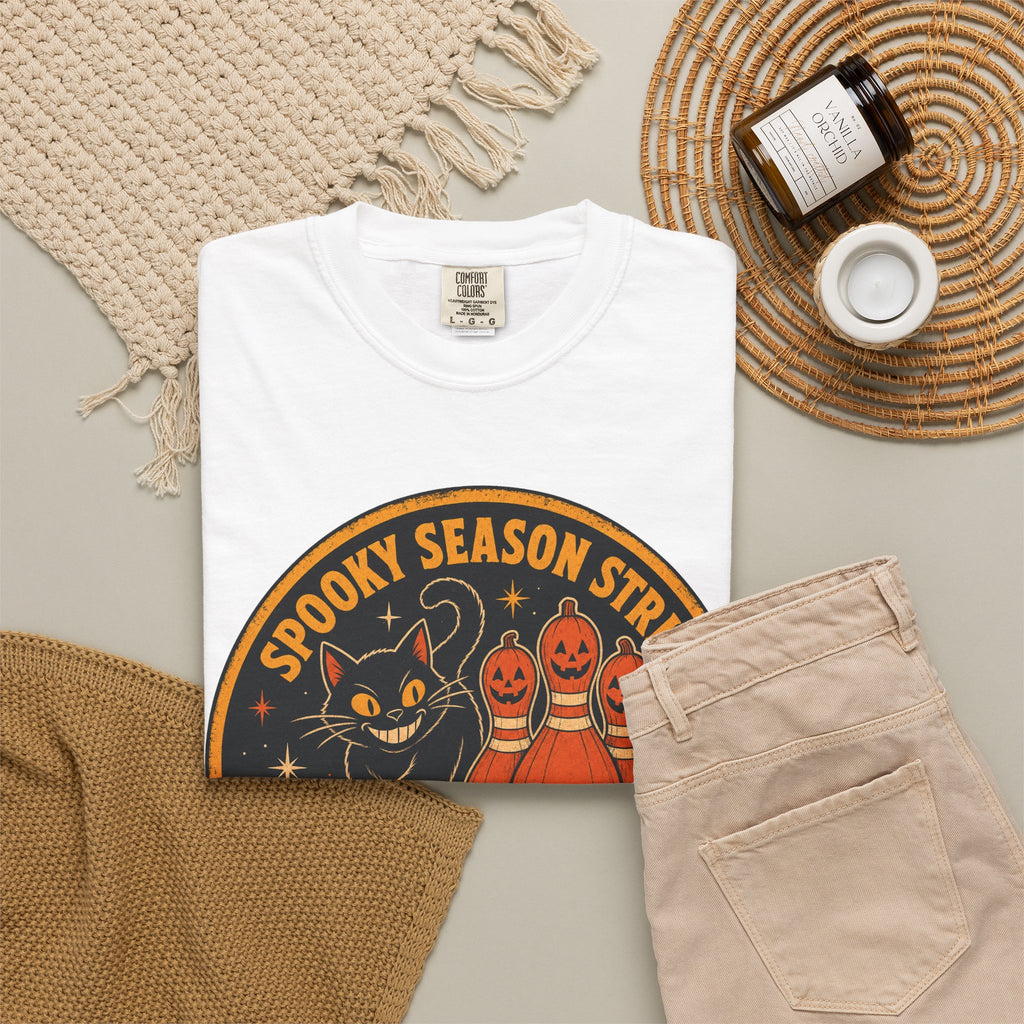 Spooky Season Strike Black Cat T-shirt in White, flat lay view