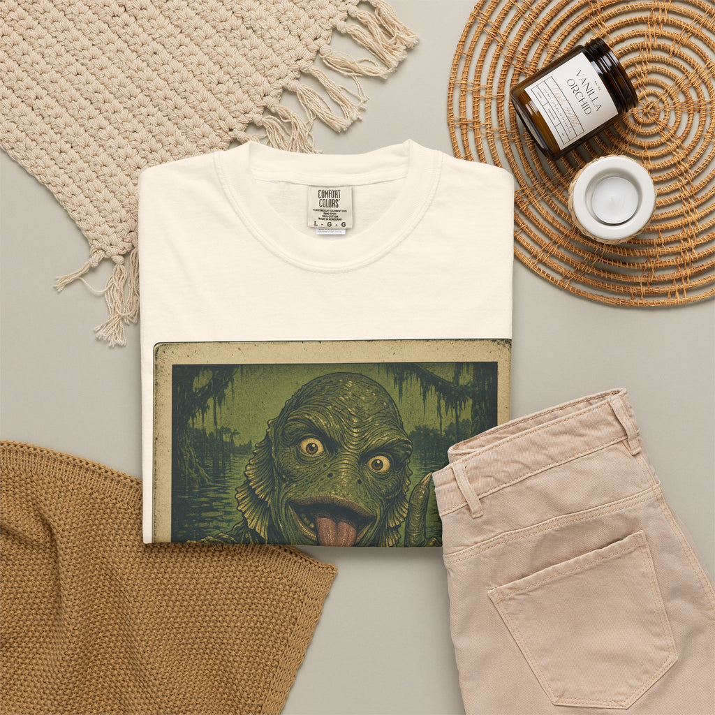 Swamp Creature Selfie T-shirt in Ivory, flat lay view