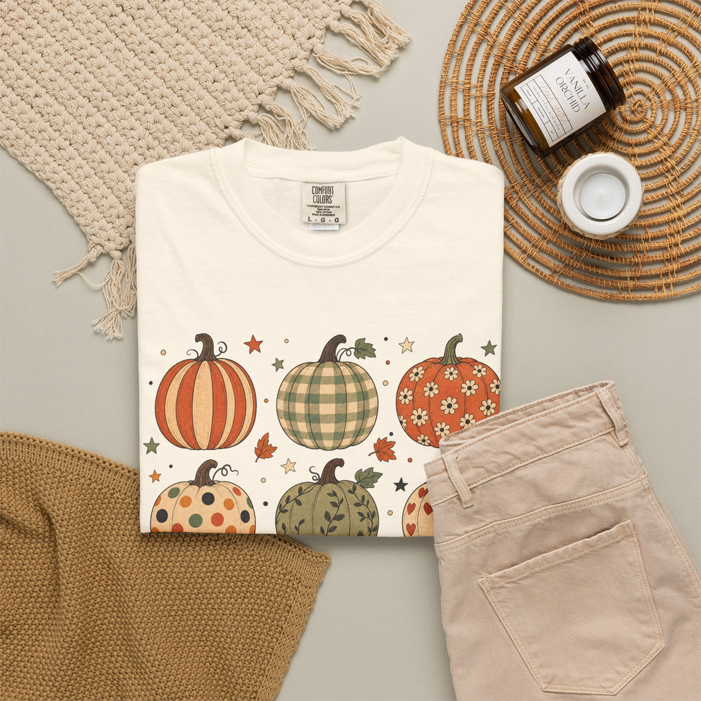Pumpkin Patch Grid T-shirt in Ivory, flat lay view