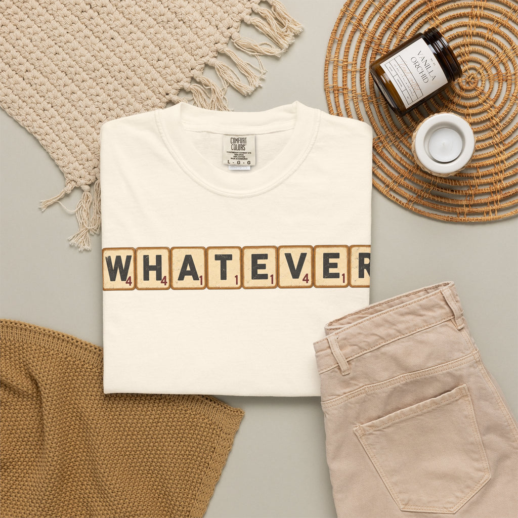 Whatever Scrabble Tiles T-shirt in Ivory, flat lay view