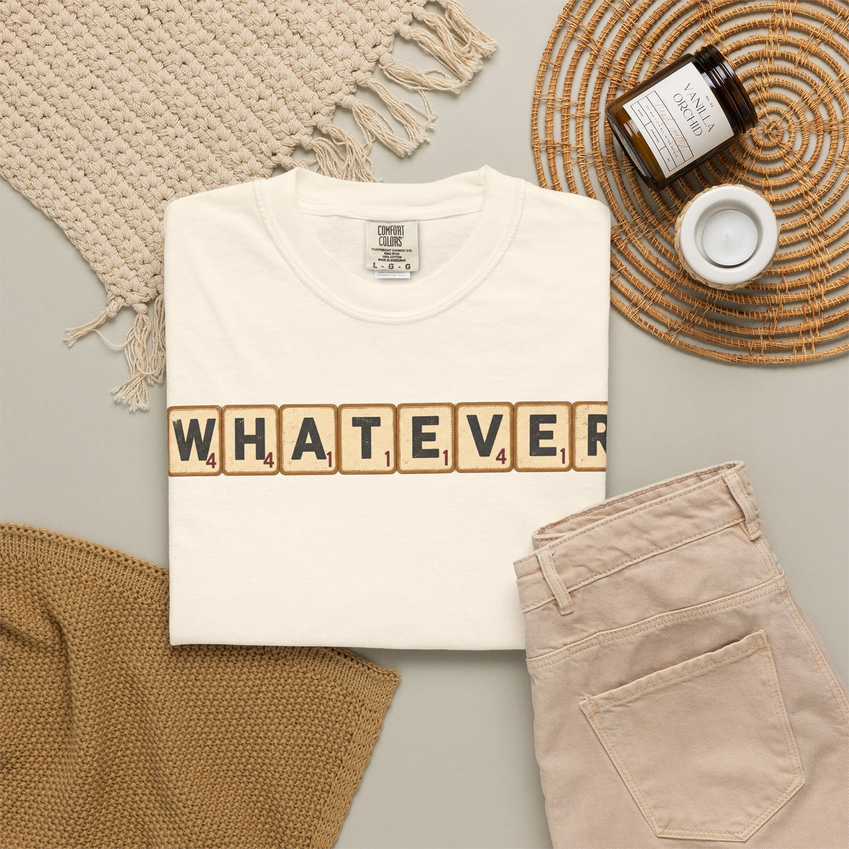 Whatever Scrabble Tiles T-shirt in Ivory, flat lay view
