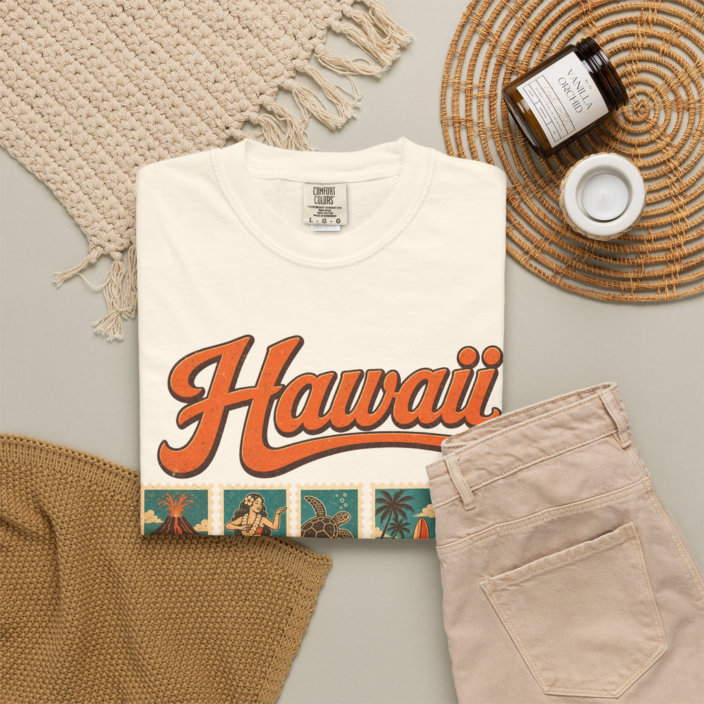 Hawaii Postage Stamp T-shirt in Ivory, flat lay view