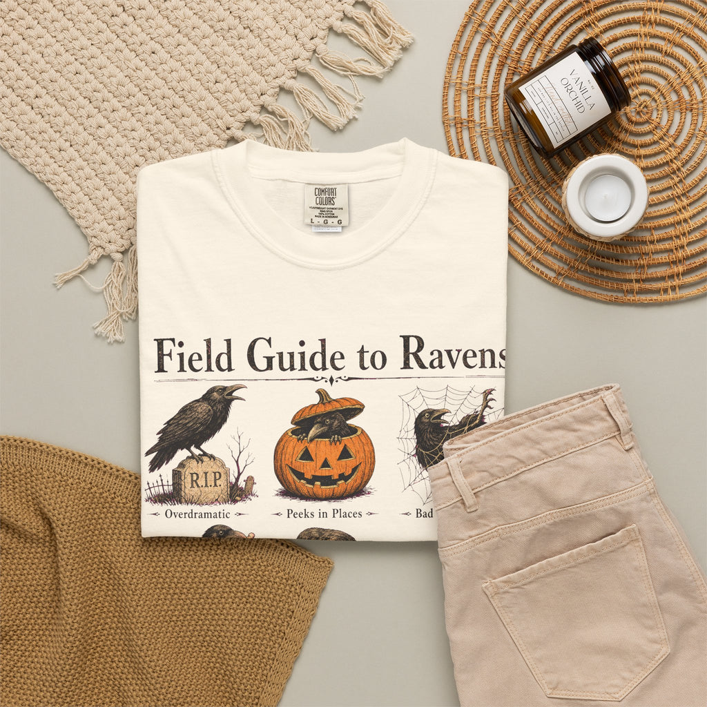 Raven Field Guide T-shirt in Ivory, flat lay view