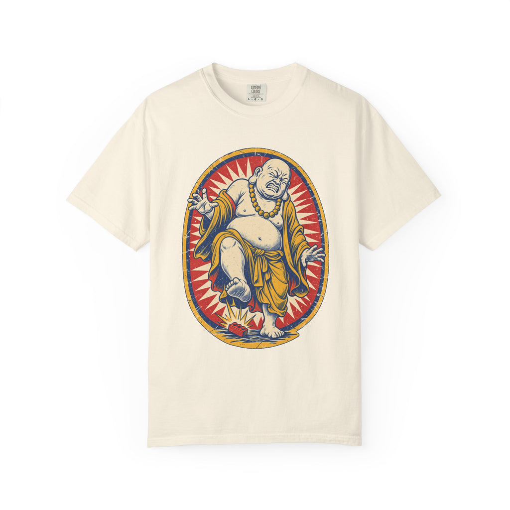 Buddha Stepping on Lego T-shirt in Ivory, front view