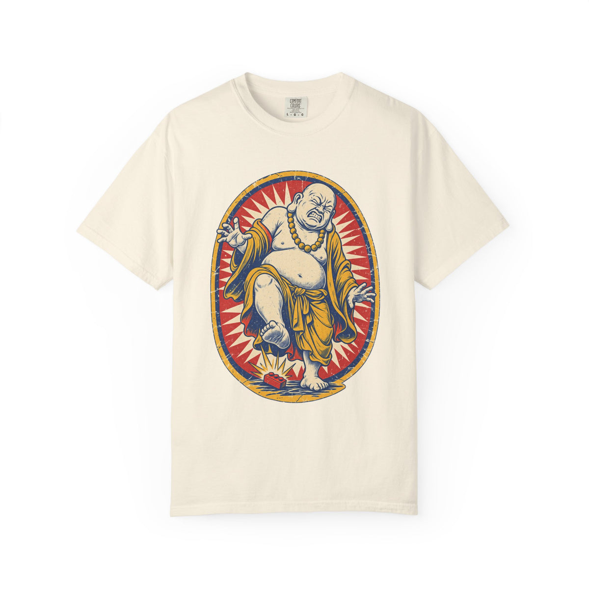 Buddha Stepping on Lego T-shirt in Ivory, front view