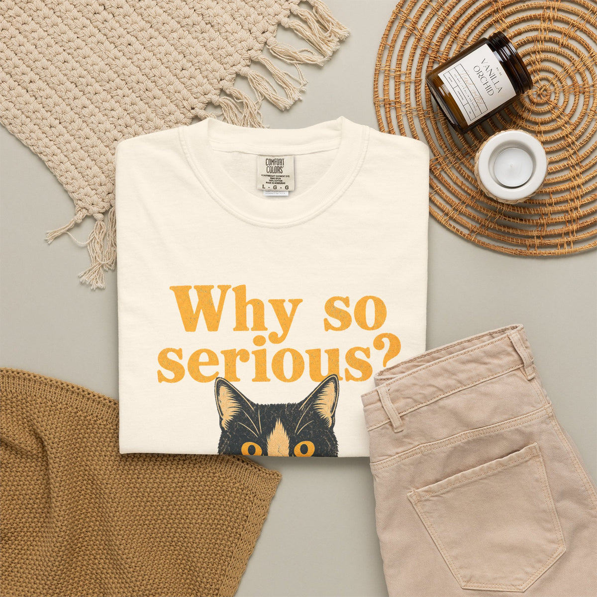 Why So Serious Cat T-shirt in Ivory, flat lay view