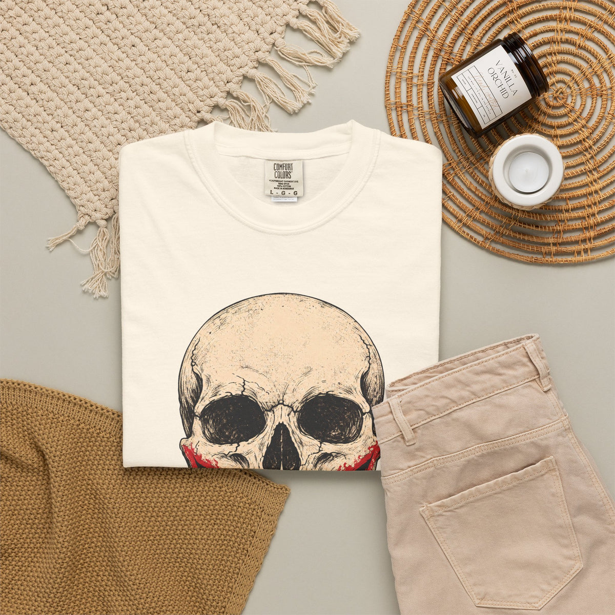Why So Serious Skull T-shirt in Ivory, flat lay view