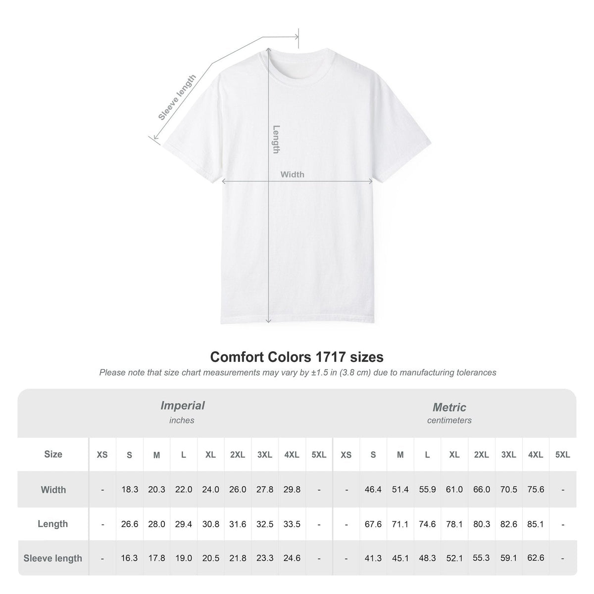 Comfort Colors 1717 size chart: width, length and sleeve length for each size